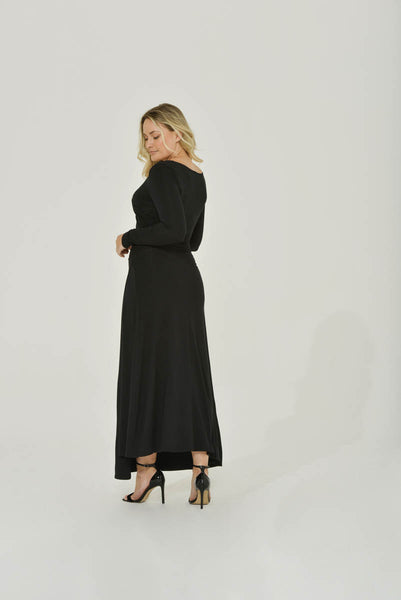 ethical black maxi dress black satin lace dress Aurelia Lace Trim Maxi Dress in Black | OMNES