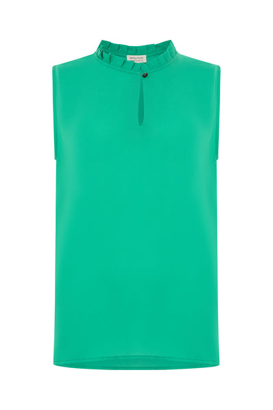 Emerald Green Sleeveless Keyhole Blouse w/ Ruffle Neck