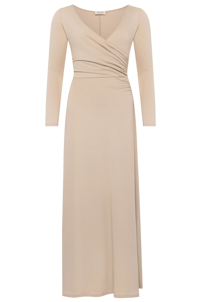 beige maxi dress long sleeve Wrap Dress Plunge Neck | Beige | Sustainable Women's Clothing