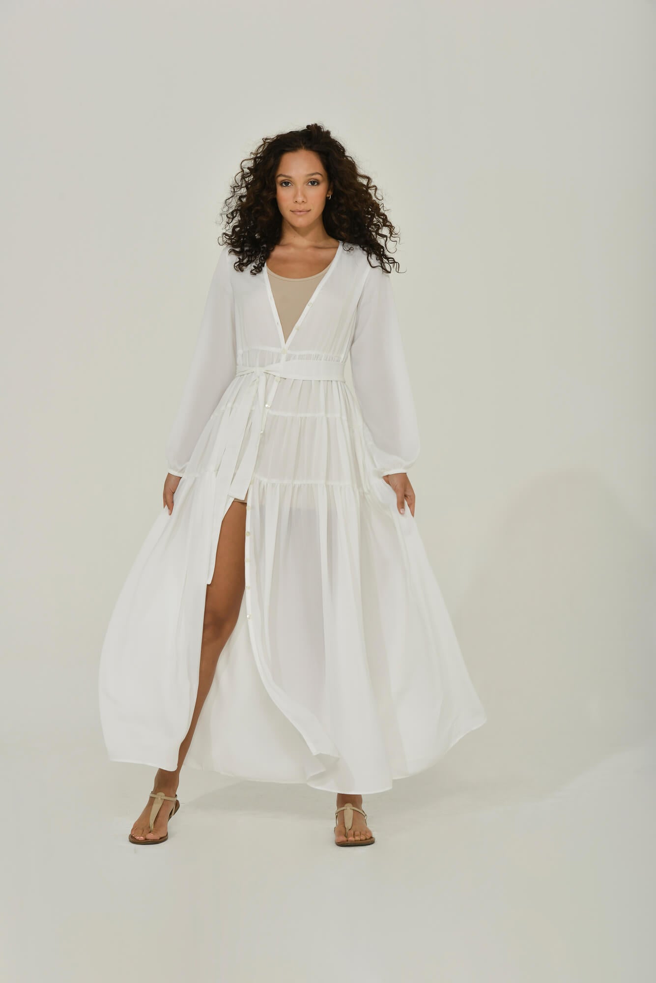 White French Chiffon Long Sleeve Maxi Dress