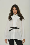 Pussybow-Chiffon-Blouse-with-Bishop Sleeves, Mandarin Collar, Removable-Bow-Sustainable-Women's-Clothing