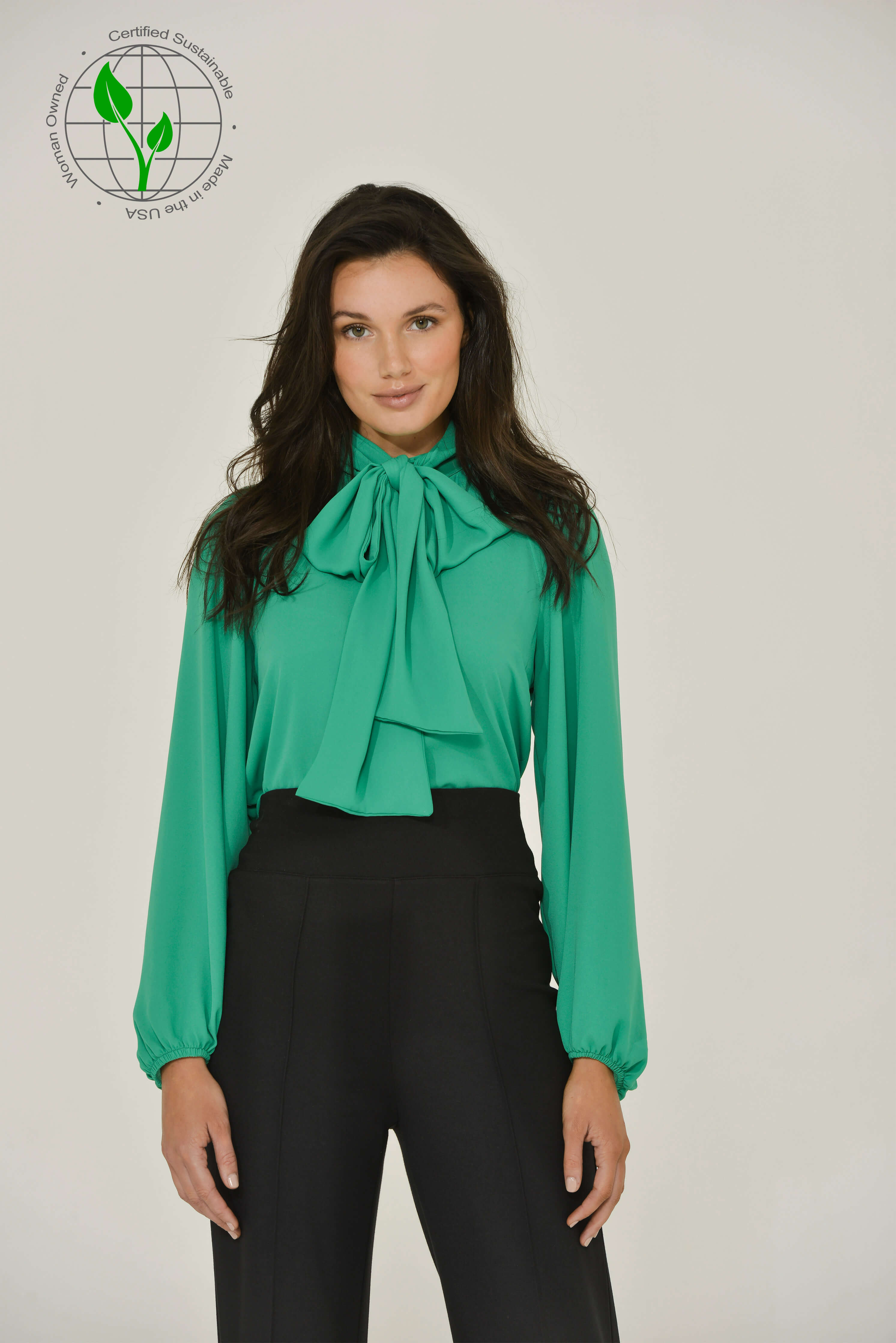 Pussybow Blouse with Bishop Sleeves | Green | Sustainable Clothing