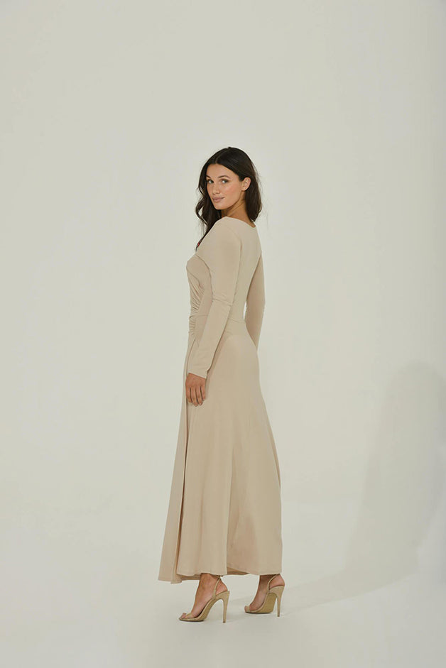 Beige Long Sleeve Maxi Dress w/ High Slit Beige Long Sleeve Maxi Dress w/ High Slit