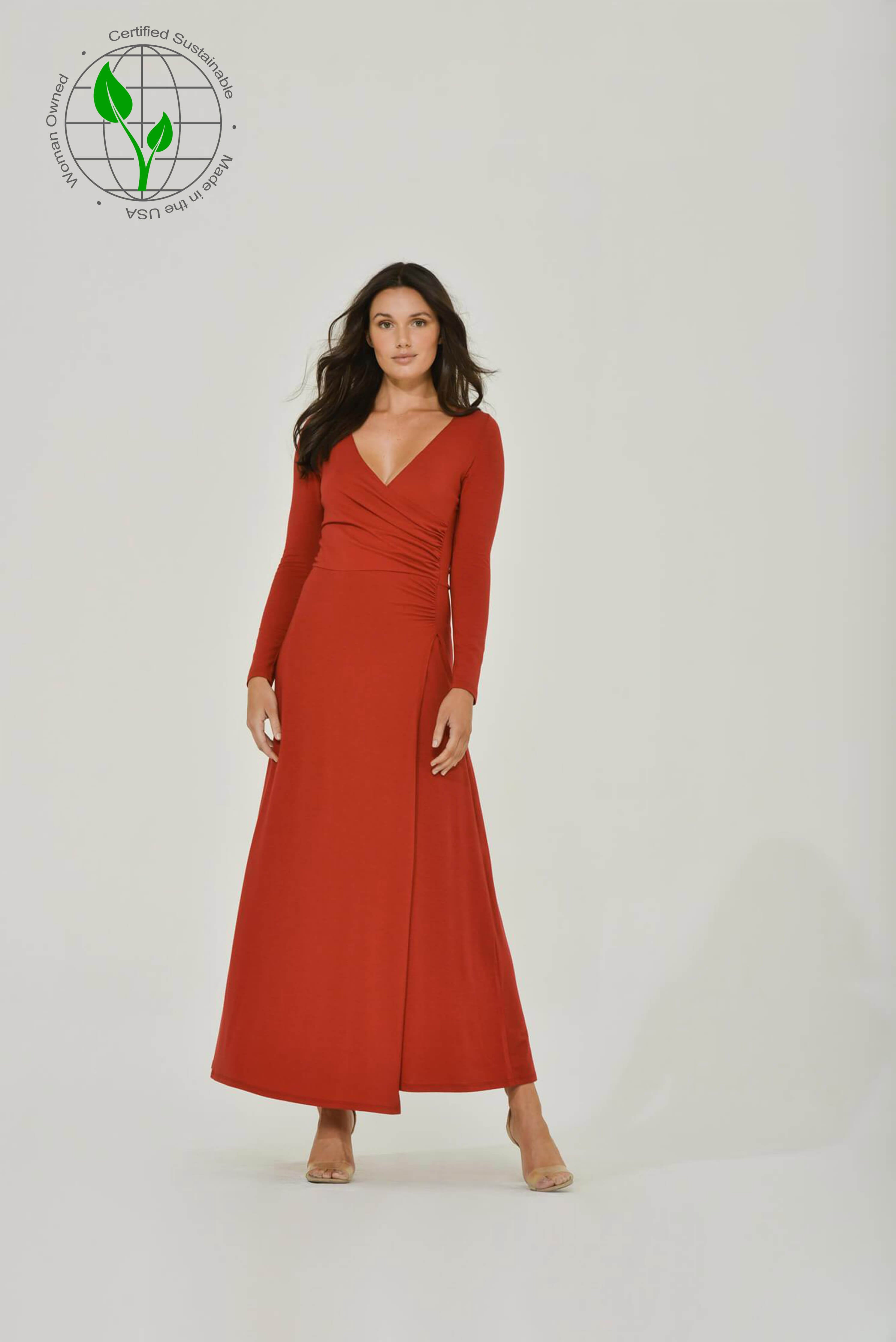 Red Long Sleeve Maxi Dress w/ High Slit Red Long Sleeve Maxi Dress w/ High Slit