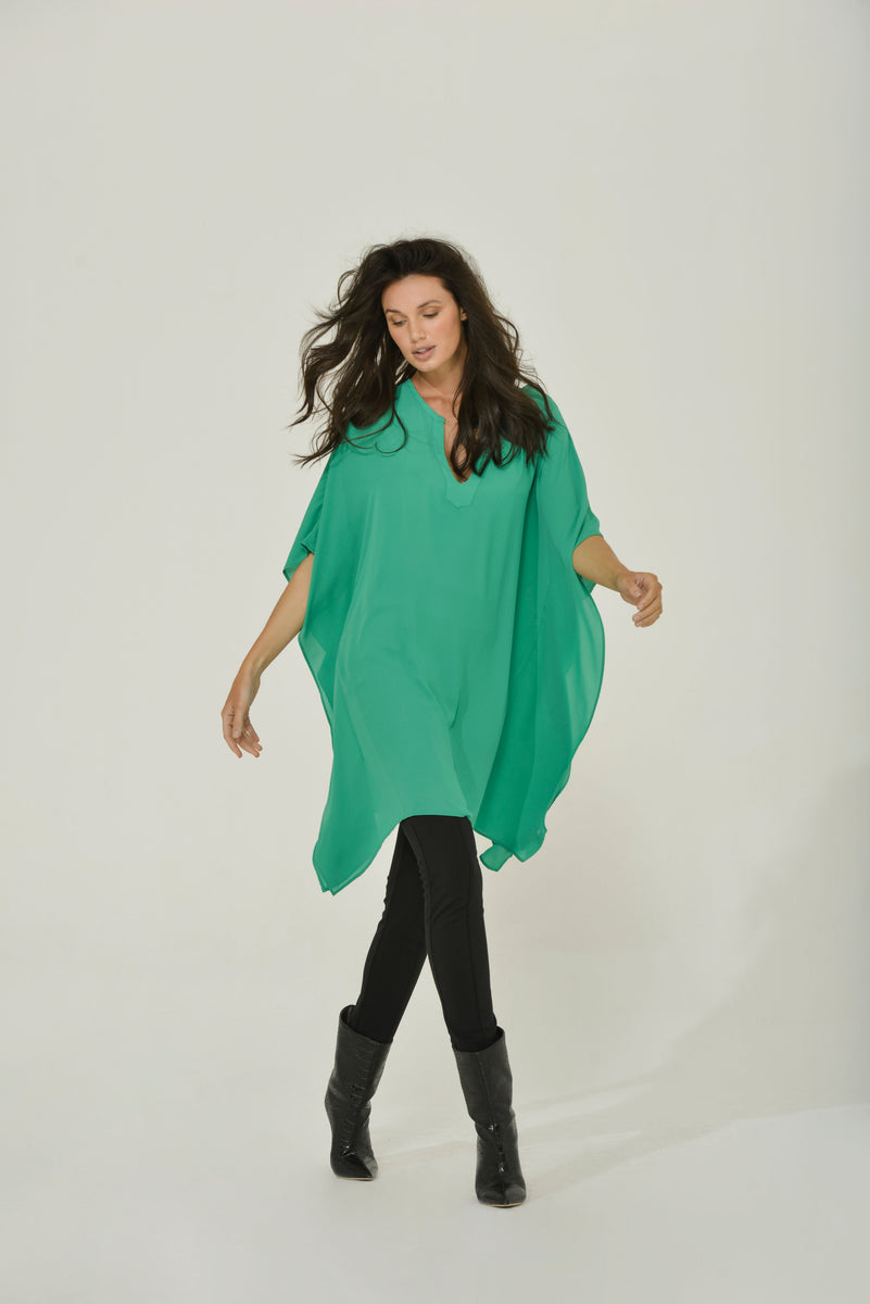 emerald green tunic dress Vintage Emerald Green Textured Mini Dress, 70s Bell Sleeve Shift Minimalist Cotton Tunic
